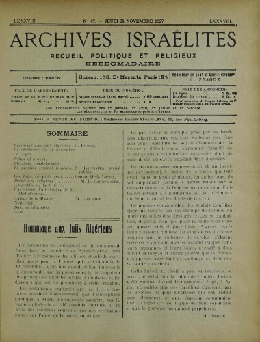 Archives israélites de France. Vol.88 N°47 (24 nov. 1927)